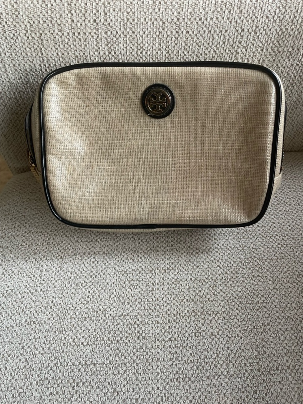 Tory Burch Beige Cosmetic Case with Black Trim and Gold Logo